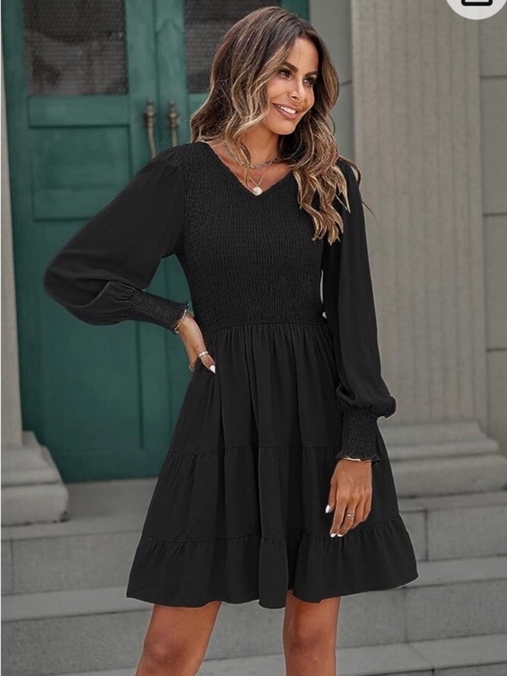 Merokeety Black Smocked Long Sleeve Dress Tiered Pockets Solid Mini V-Neck S